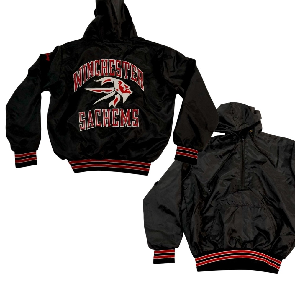 VTG Rennoc Satin Jacket Mens Small Black Winchester MA Sachems Varsity Named